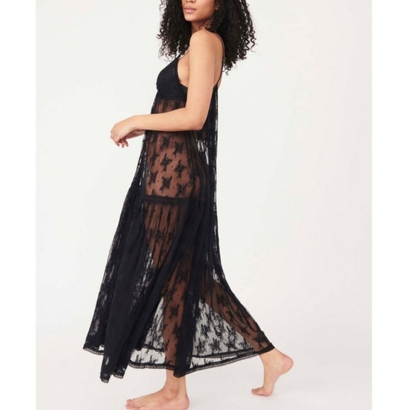 Free People In The Breeze Maxi Slip Floral Lace Button Front Tiered Black Sm NWT - Picture 4 of 14